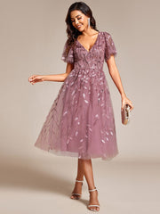 Leaf Sequin Short Sleeve Tulle Midi Wedding Guest Dress