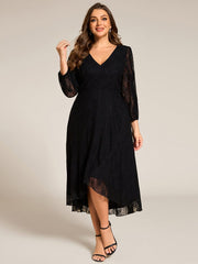 Romantic Long Sleeve High-Low Lace Wedding Guest Dress with Ruffle Details