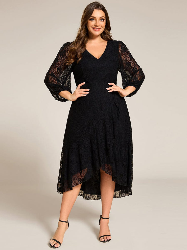 Romantic Long Sleeve High-Low Lace Wedding Guest Dress with Ruffle Details