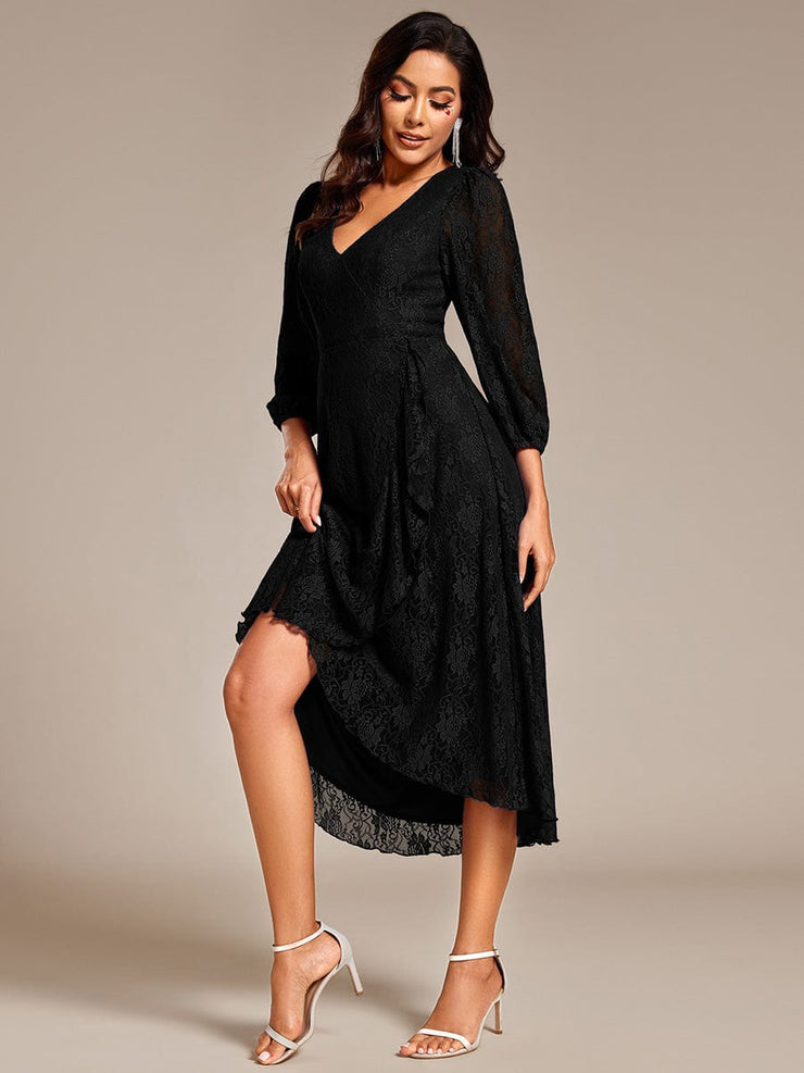 Romantic Long Sleeve High-Low Lace Wedding Guest Dress with Ruffle Details