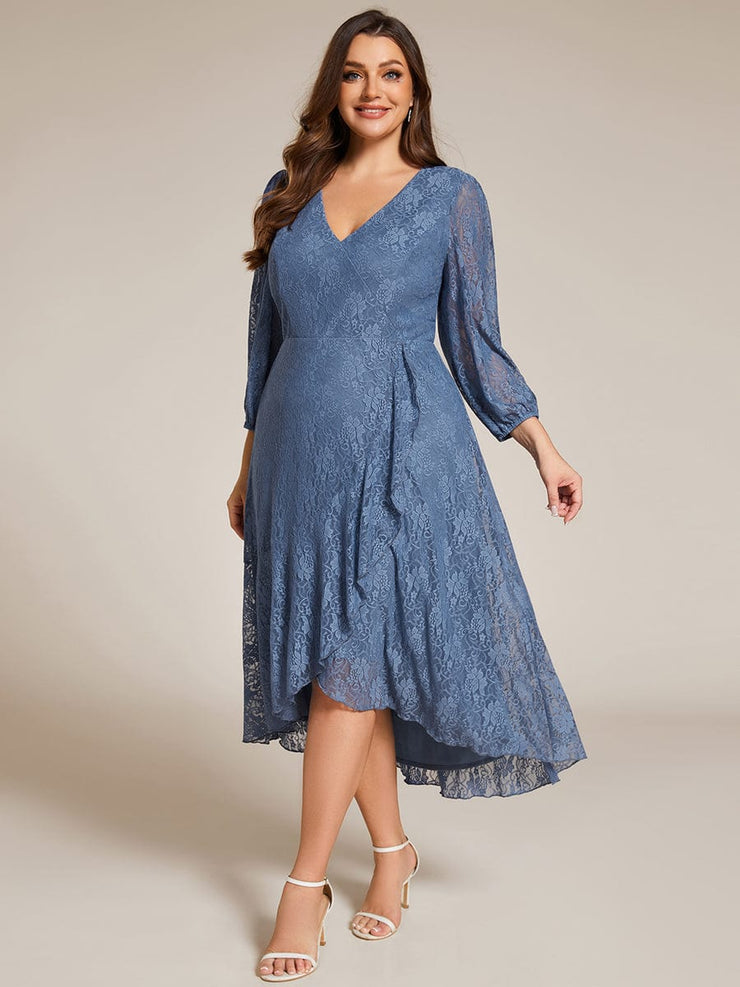 Romantic Long Sleeve High-Low Lace Wedding Guest Dress with Ruffle Details