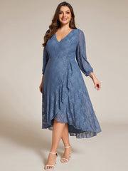 Plus Size Long Sleeve High-Low Lace Wedding Guest Dress with Ruffle Details