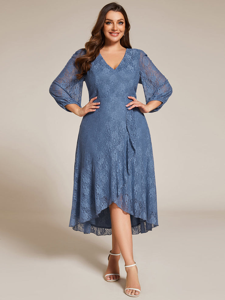 Plus Size Long Sleeve High-Low Lace Wedding Guest Dress with Ruffle Details