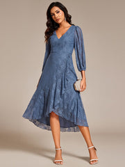 Romantic Long Sleeve High-Low Lace Wedding Guest Dress with Ruffle Details