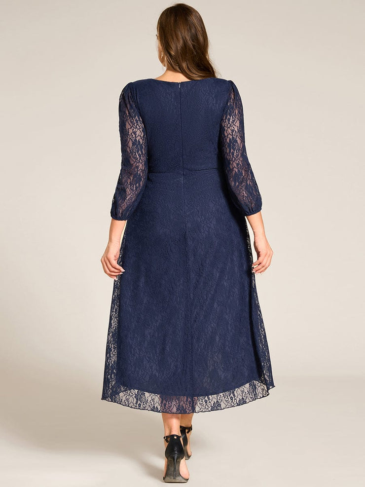 Romantic Long Sleeve High-Low Lace Wedding Guest Dress with Ruffle Details