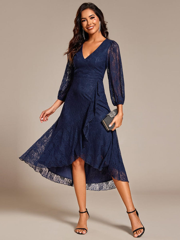 Romantic Long Sleeve High-Low Lace Wedding Guest Dress with Ruffle Details