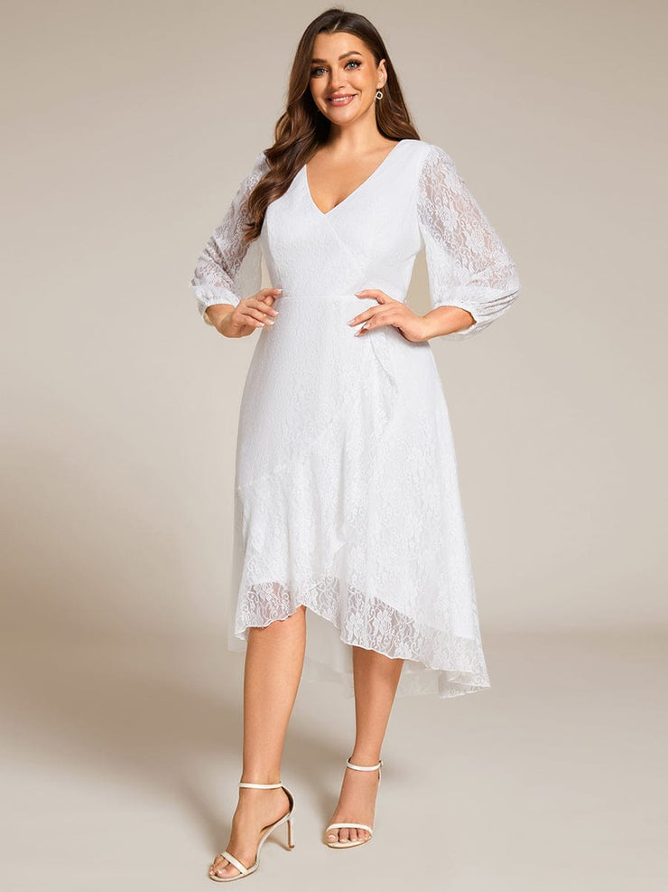 Plus Size Long Sleeve High-Low Lace Wedding Guest Dress with Ruffle Details