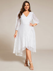 Plus Size Long Sleeve High-Low Lace Wedding Guest Dress with Ruffle Details