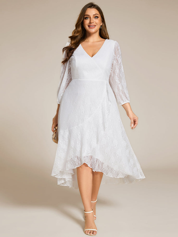 Plus Size Long Sleeve High-Low Lace Wedding Guest Dress with Ruffle Details