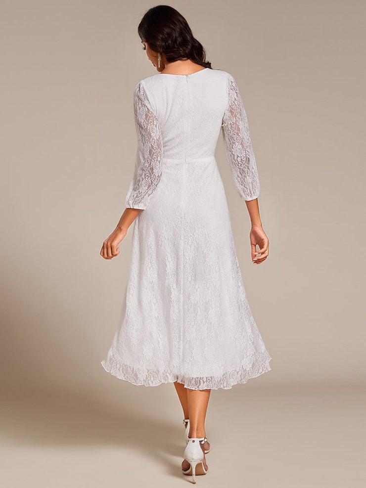 Romantic Long Sleeve High-Low Lace Wedding Guest Dress with Ruffle Details