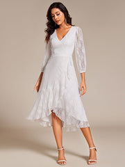 Romantic Long Sleeve High-Low Lace Wedding Guest Dress with Ruffle Details