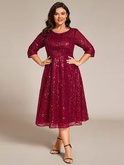 Dazzling Sequin A-Line Midi Wedding Guest Dress with Long Sleeves