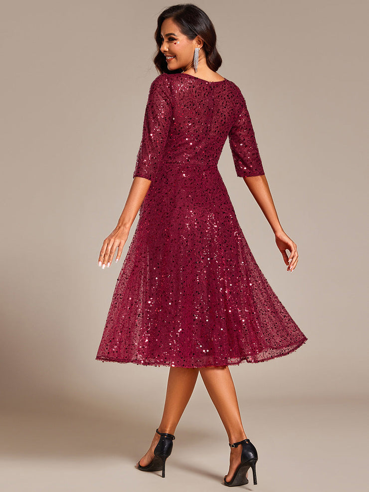 Dazzling Sequin A-Line Midi Wedding Guest Dress with Long Sleeves