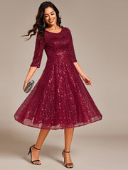 Dazzling Sequin A-Line Midi Wedding Guest Dress with Long Sleeves