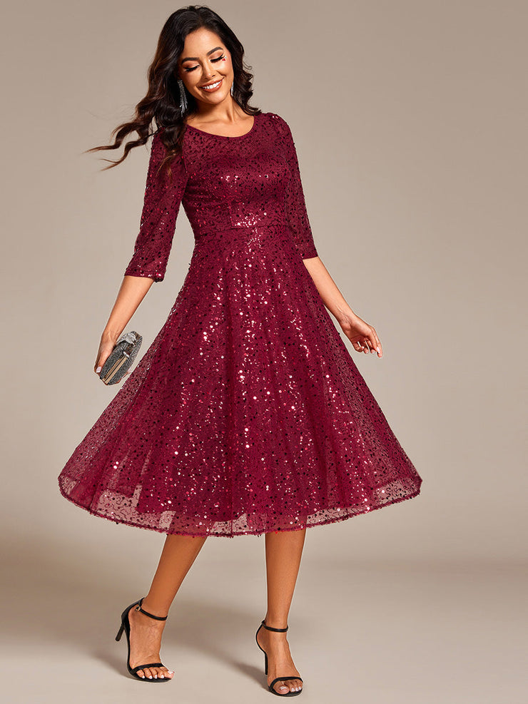 Dazzling Sequin A-Line Midi Wedding Guest Dress with Long Sleeves