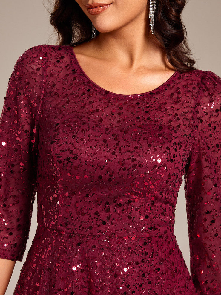 Dazzling Sequin A-Line Midi Wedding Guest Dress with Long Sleeves