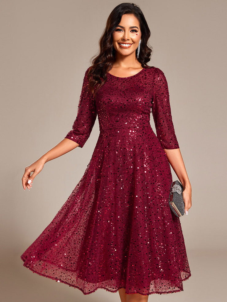 Dazzling Sequin A-Line Midi Wedding Guest Dress with Long Sleeves