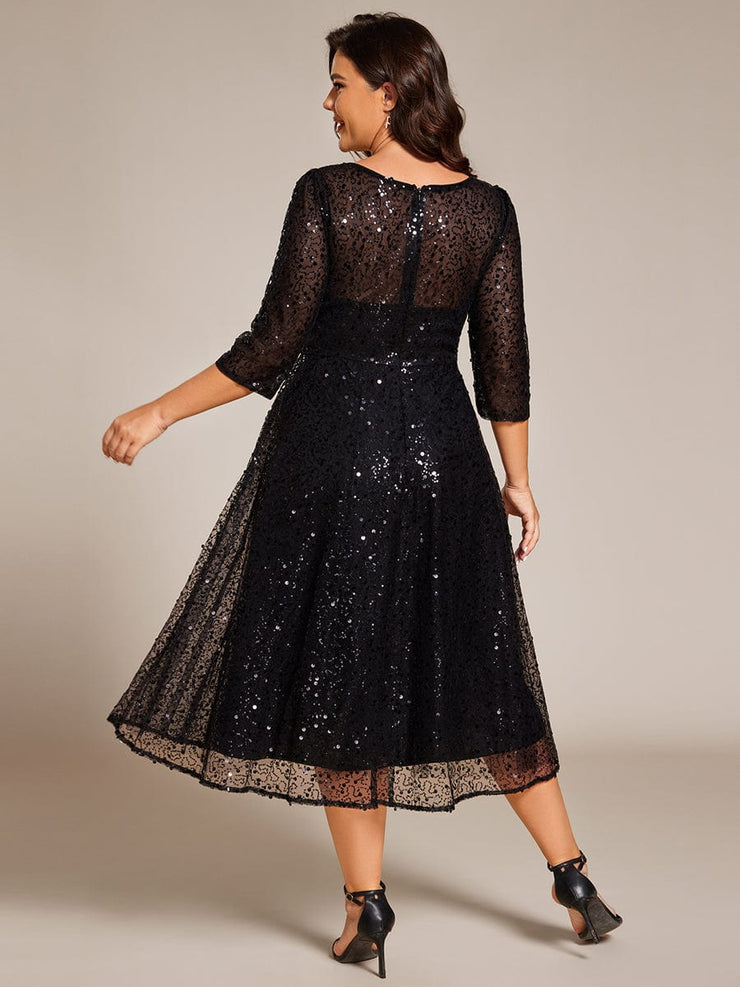 Dazzling Sequin A-Line Midi Wedding Guest Dress with Long Sleeves