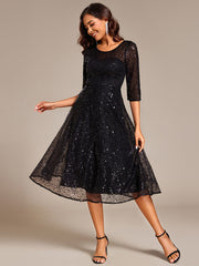 Dazzling Sequin A-Line Midi Wedding Guest Dress with Long Sleeves