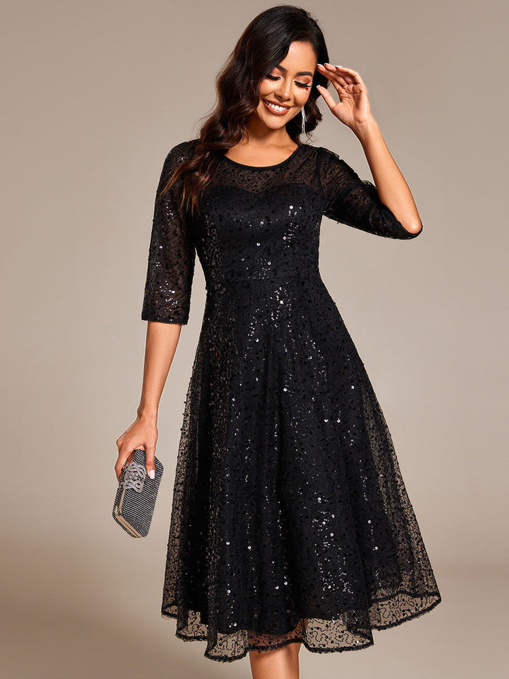 Dazzling Sequin A-Line Midi Wedding Guest Dress with Long Sleeves