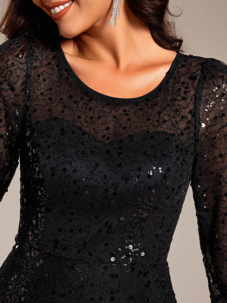 Dazzling Sequin A-Line Midi Wedding Guest Dress with Long Sleeves