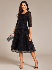 Dazzling Sequin A-Line Midi Wedding Guest Dress with Long Sleeves