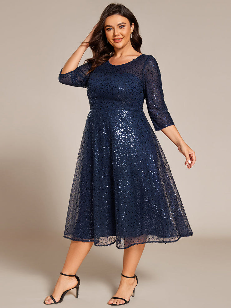 Dazzling Sequin A-Line Midi Wedding Guest Dress with Long Sleeves