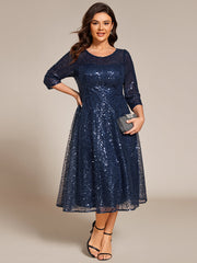 Dazzling Sequin A-Line Midi Wedding Guest Dress with Long Sleeves