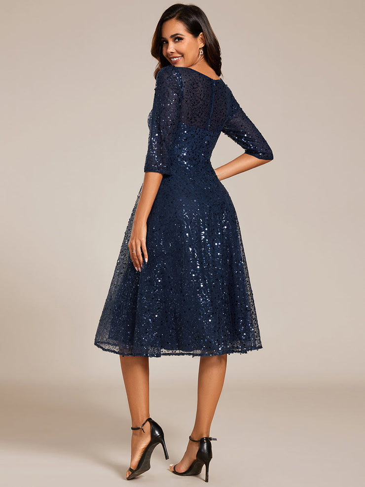 Dazzling Sequin A-Line Midi Wedding Guest Dress with Long Sleeves