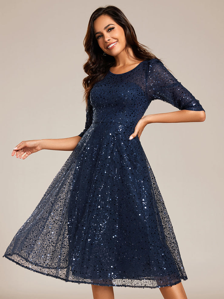 Dazzling Sequin A-Line Midi Wedding Guest Dress with Long Sleeves