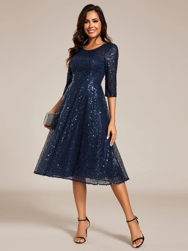 Dazzling Sequin A-Line Midi Wedding Guest Dress with Long Sleeves