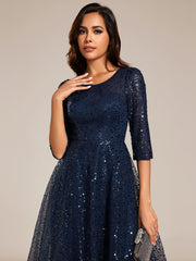 Dazzling Sequin A-Line Midi Wedding Guest Dress with Long Sleeves