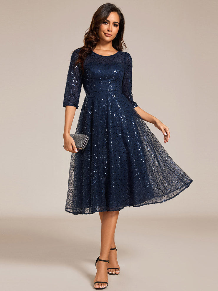 Dazzling Sequin A-Line Midi Wedding Guest Dress with Long Sleeves