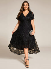 Embroidered Mesh High-Low Midi Wedding Guest Dress with Short Sleeves