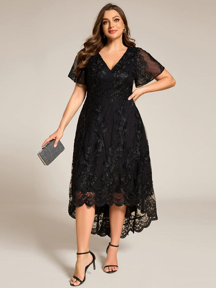 Embroidered Mesh High-Low Midi Wedding Guest Dress with Short Sleeves