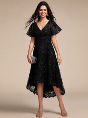 Embroidered Mesh High-Low Midi Wedding Guest Dress with Short Sleeves