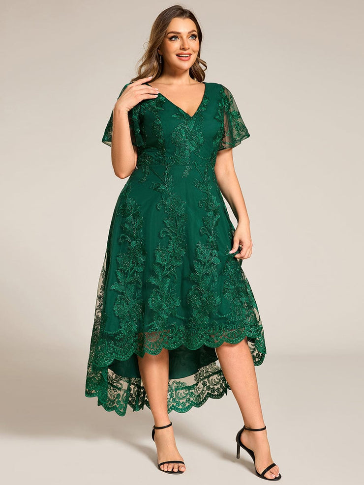 Embroidered Mesh High-Low Midi Wedding Guest Dress with Short Sleeves