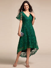 Embroidered Mesh High-Low Midi Wedding Guest Dress with Short Sleeves