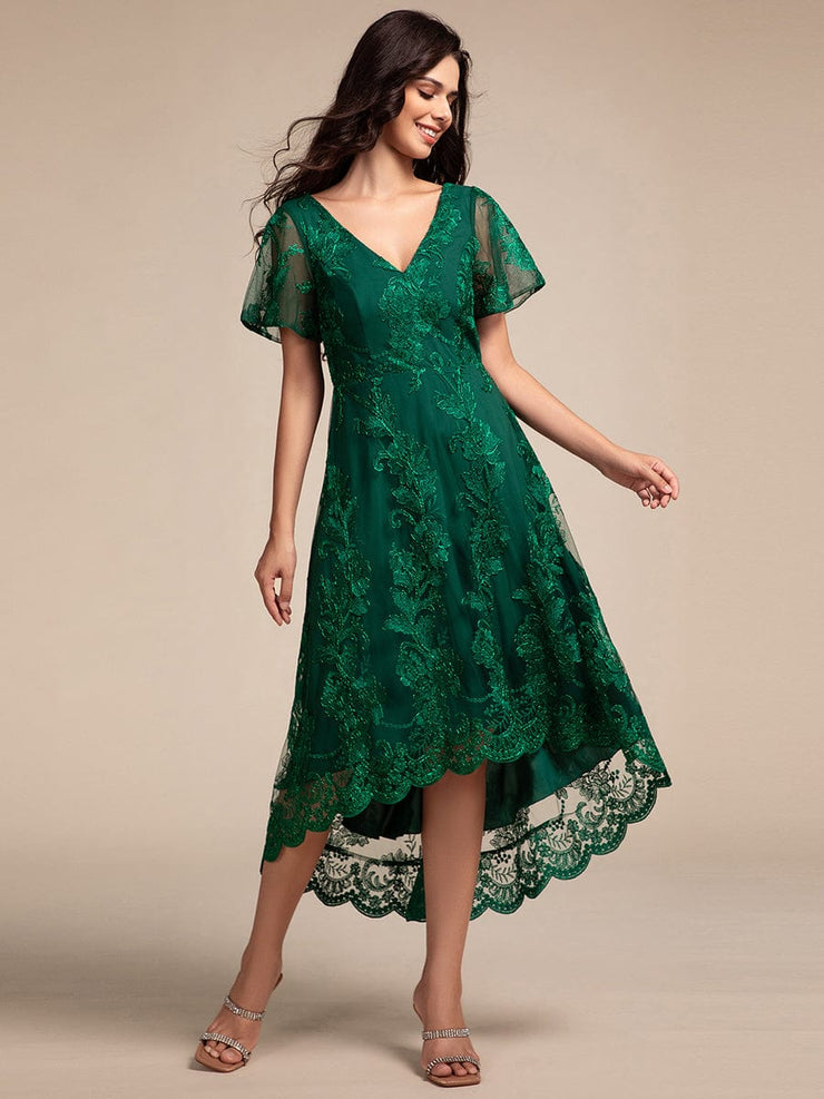 Embroidered Mesh High-Low Midi Wedding Guest Dress with Short Sleeves