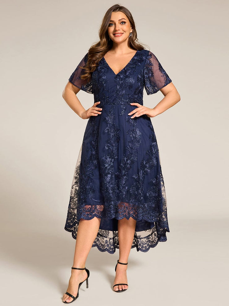 Embroidered Mesh High-Low Midi Wedding Guest Dress with Short Sleeves