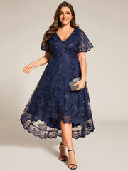 Embroidered Mesh High-Low Midi Wedding Guest Dress with Short Sleeves