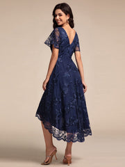 Embroidered Mesh High-Low Midi Wedding Guest Dress with Short Sleeves