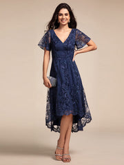 Embroidered Mesh High-Low Midi Wedding Guest Dress with Short Sleeves