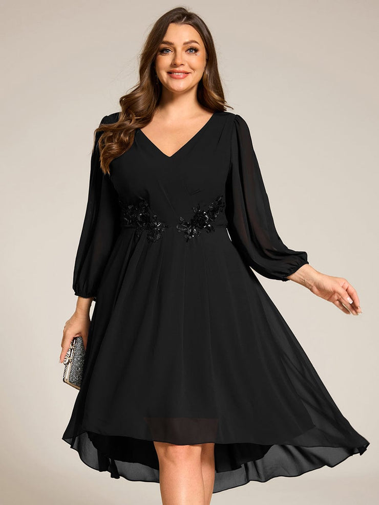 High-Low Chiffon Midi Wedding Guest Dress with Waist Applique and Long Sleeves