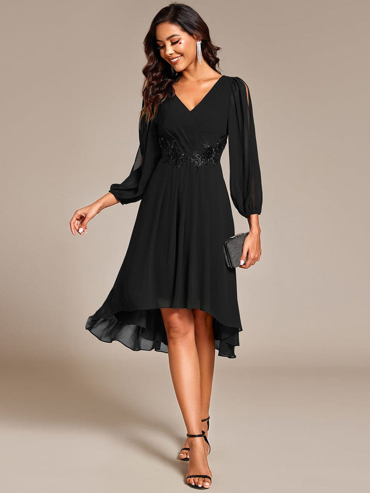 High-Low Chiffon Midi Wedding Guest Dress with Waist Applique and Long Sleeves