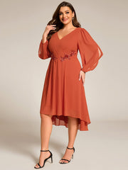 High-Low Chiffon Midi Wedding Guest Dress with Waist Applique and Long Sleeves