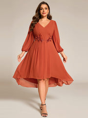 High-Low Chiffon Midi Wedding Guest Dress with Waist Applique and Long Sleeves