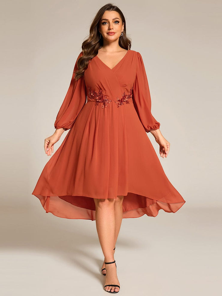 High-Low Chiffon Midi Wedding Guest Dress with Waist Applique and Long Sleeves