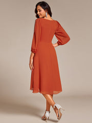 High-Low Chiffon Midi Wedding Guest Dress with Waist Applique and Long Sleeves