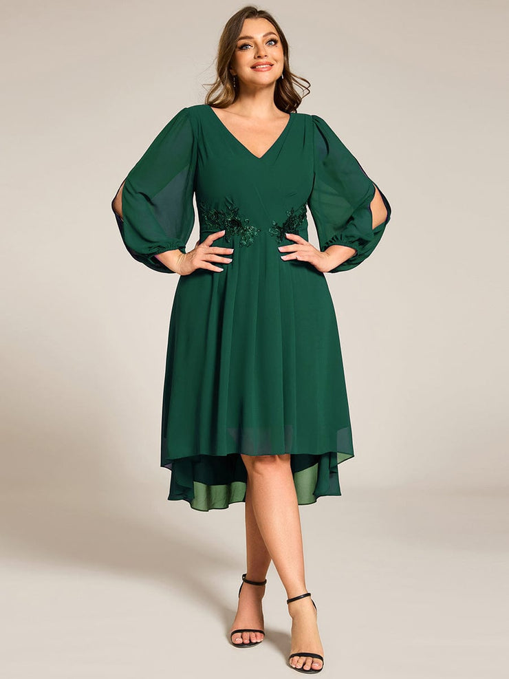 High-Low Chiffon Midi Wedding Guest Dress with Waist Applique and Long Sleeves